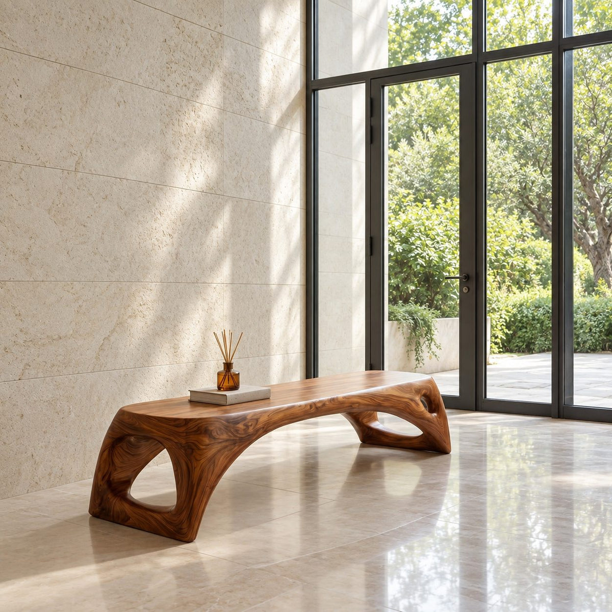 Teardrop Cutout Long Bench, Minimalist Solid Wood Entryway Bench with Tapered Splayed Ends