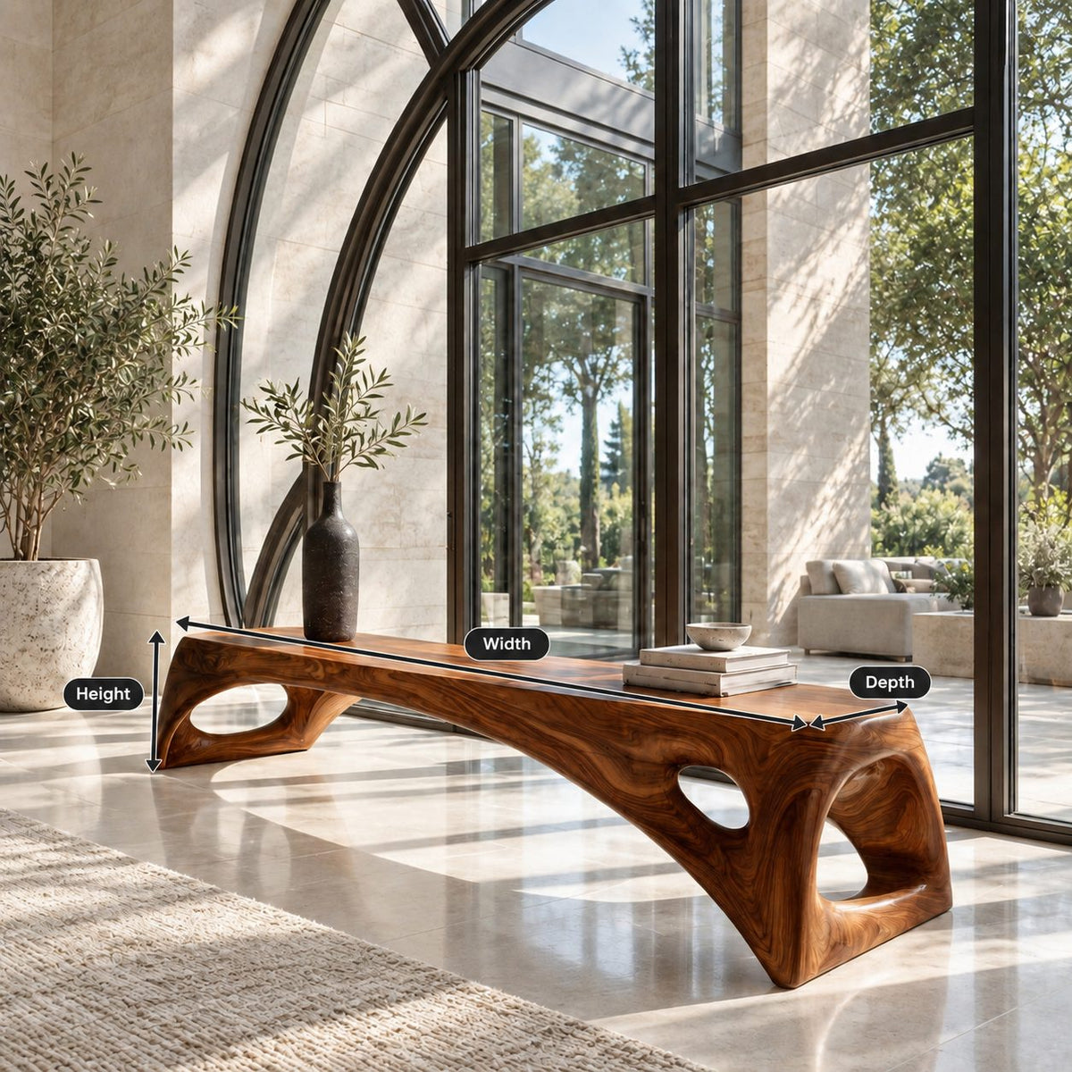 Teardrop Cutout Long Bench, Minimalist Solid Wood Entryway Bench with Tapered Splayed Ends