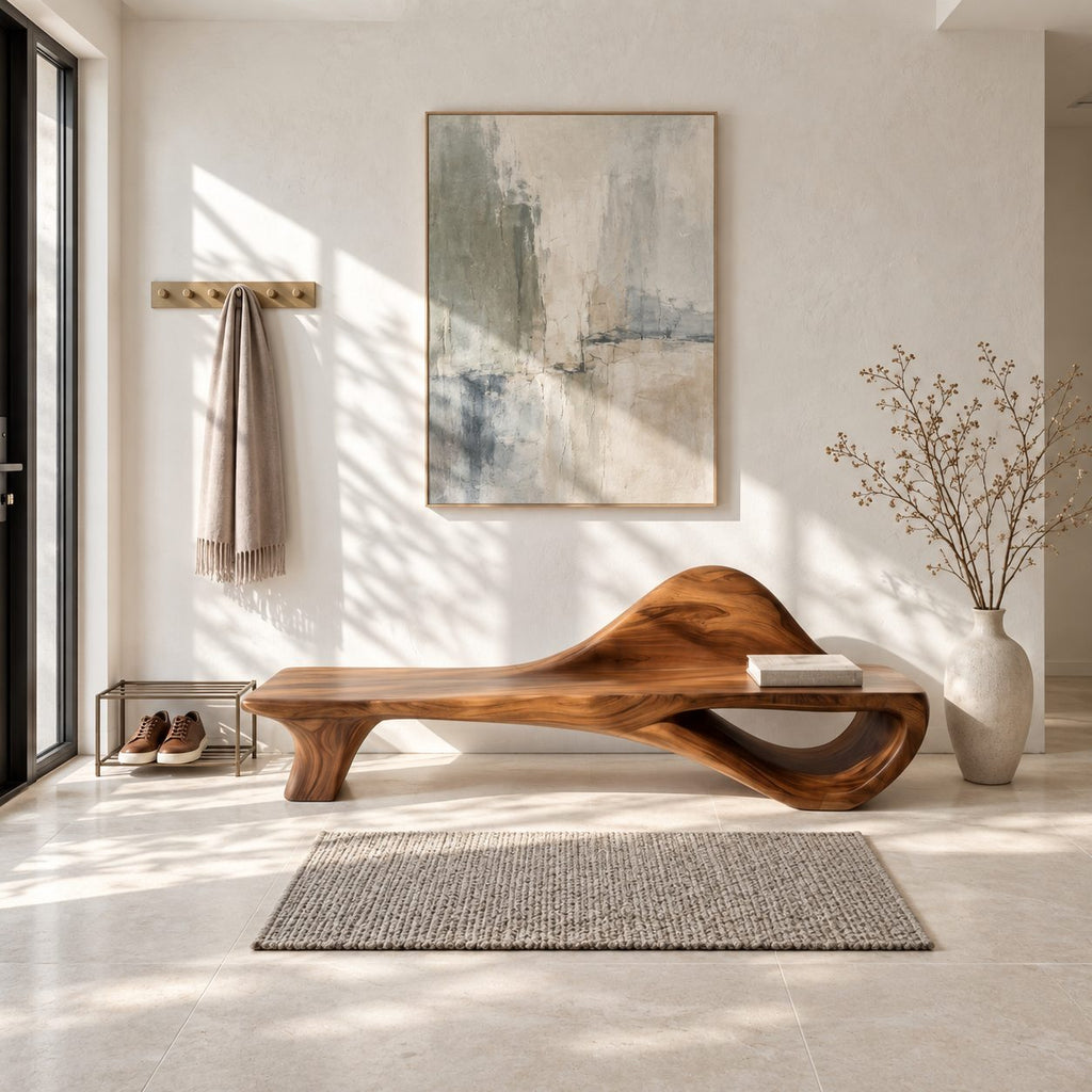 Dune Crest Sculpted Bench, Solid Wood Hallway Bench with Rising Wave Backrest and Open Loop Base
