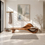 Dune Crest Sculpted Bench, Solid Wood Hallway Bench with Rising Wave Backrest and Open Loop Base