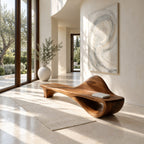 Dune Crest Sculpted Bench, Solid Wood Hallway Bench with Rising Wave Backrest and Open Loop Base