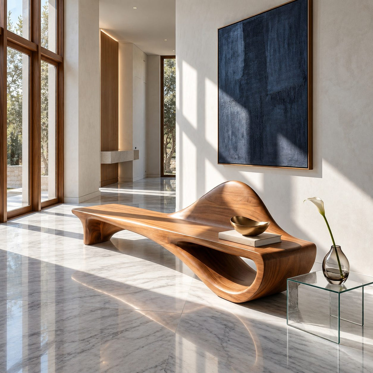 Dune Crest Sculpted Bench, Solid Wood Hallway Bench with Rising Wave Backrest and Open Loop Base