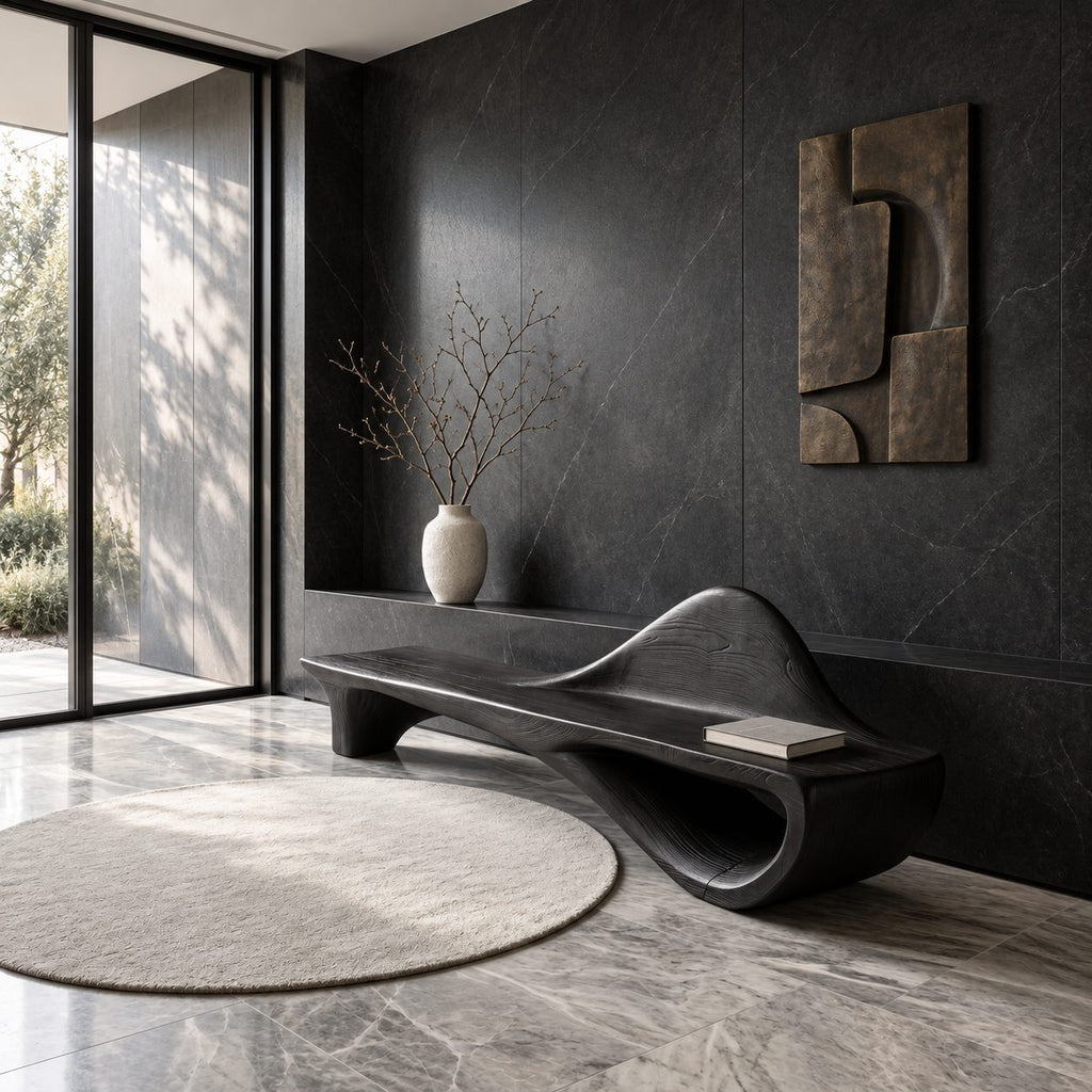Dune Crest Sculpted Bench, Solid Wood Hallway Bench with Rising Wave Backrest and Open Loop Base