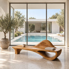 Dune Crest Sculpted Bench, Solid Wood Hallway Bench with Rising Wave Backrest and Open Loop Base
