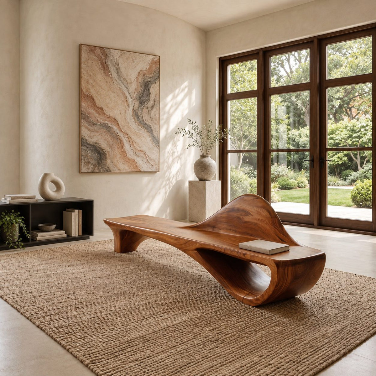 Dune Crest Sculpted Bench, Solid Wood Hallway Bench with Rising Wave Backrest and Open Loop Base
