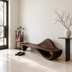 Dune Crest Sculpted Bench, Solid Wood Hallway Bench with Rising Wave Backrest and Open Loop Base