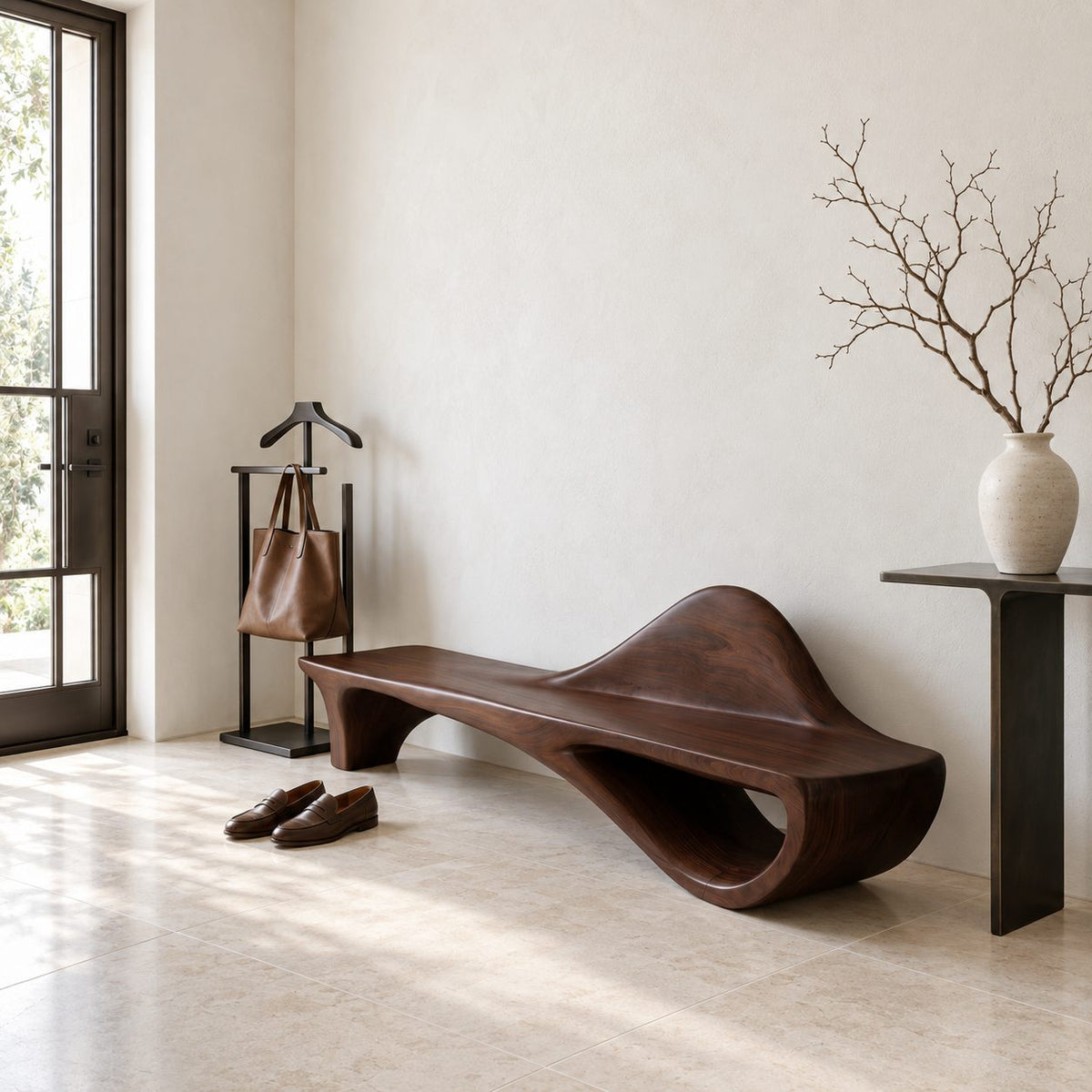Dune Crest Sculpted Bench, Solid Wood Hallway Bench with Rising Wave Backrest and Open Loop Base