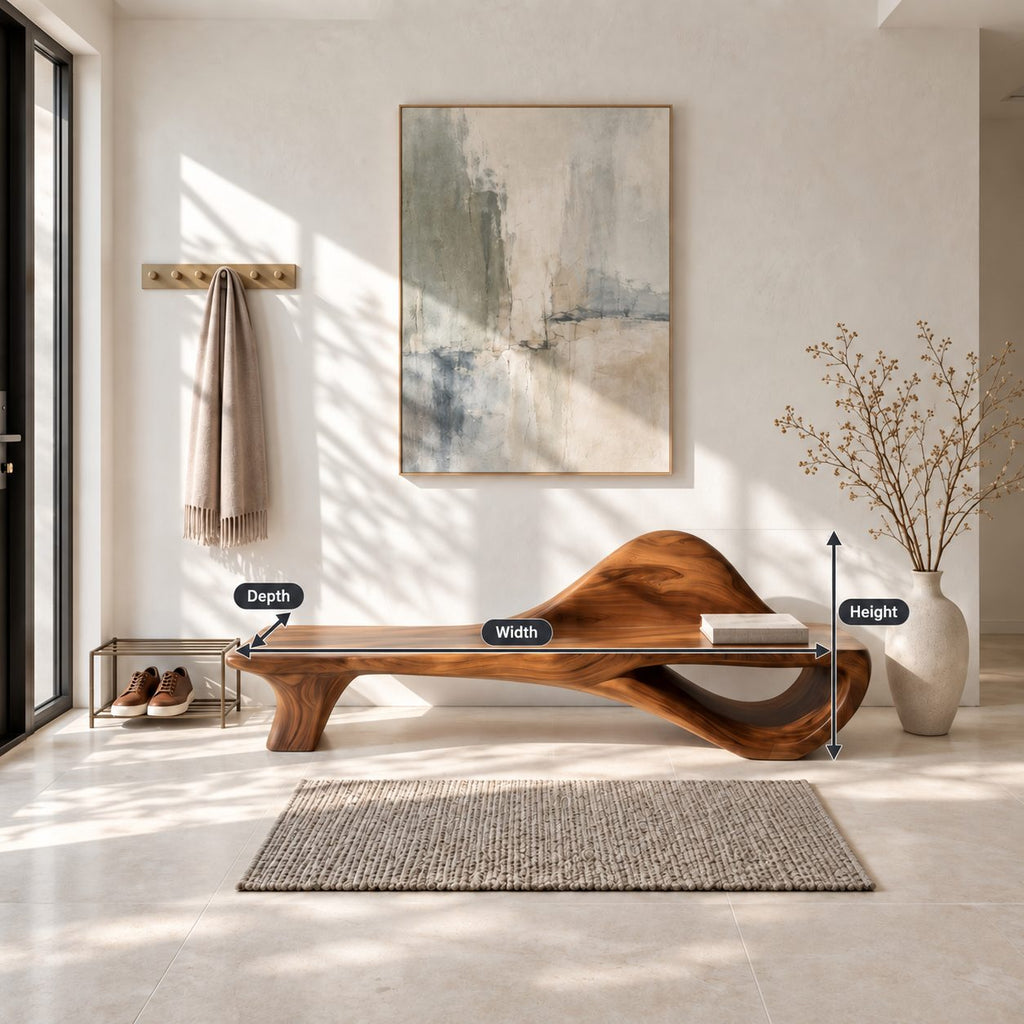 Dune Crest Sculpted Bench, Solid Wood Hallway Bench with Rising Wave Backrest and Open Loop Base