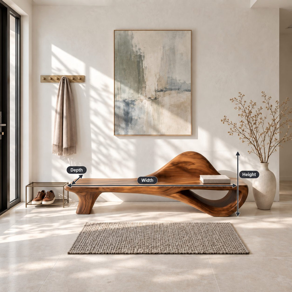 Dune Crest Sculpted Bench, Solid Wood Hallway Bench with Rising Wave Backrest and Open Loop Base