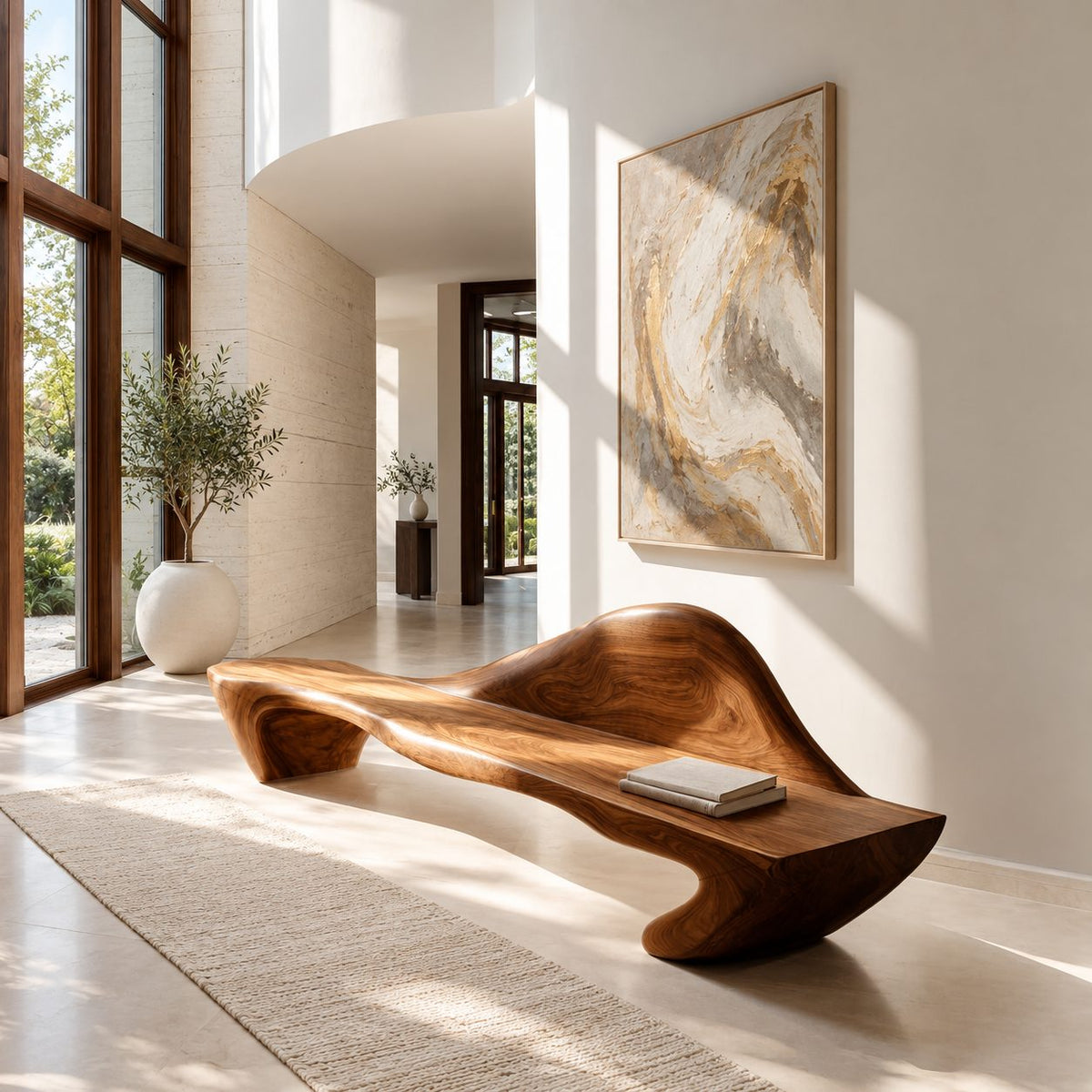 Peaked Back Carved Bench, Contemporary Solid Wood Entryway Bench with Raised Sculpted Backrest