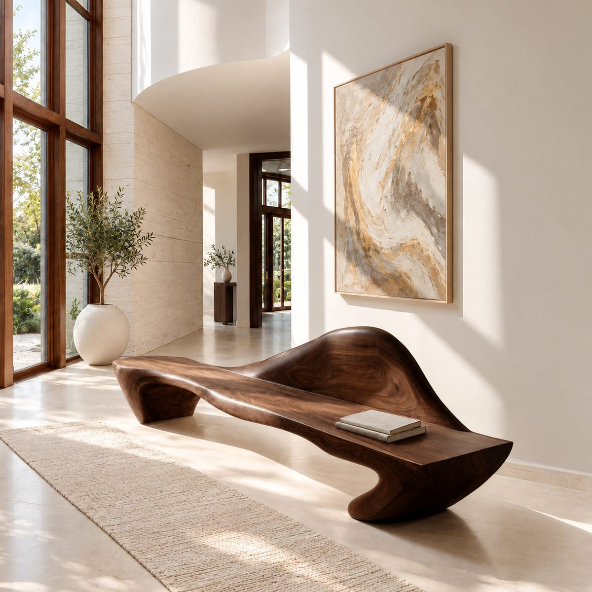 Peaked Back Carved Bench, Contemporary Solid Wood Entryway Bench with Raised Sculpted Backrest