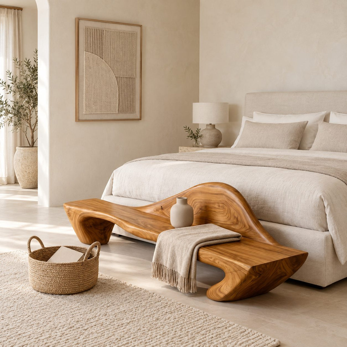 Peaked Back Carved Bench, Contemporary Solid Wood Entryway Bench with Raised Sculpted Backrest