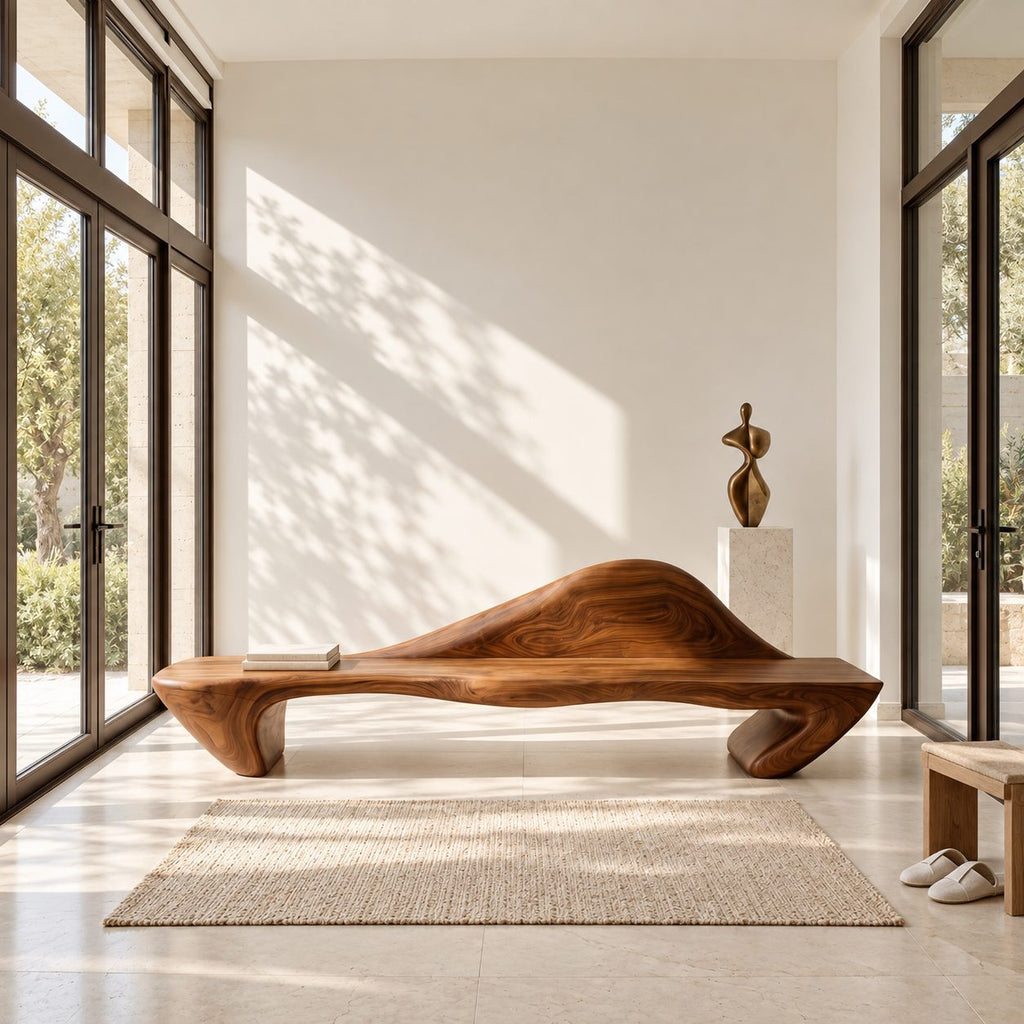 Peaked Back Carved Bench, Contemporary Solid Wood Entryway Bench with Raised Sculpted Backrest