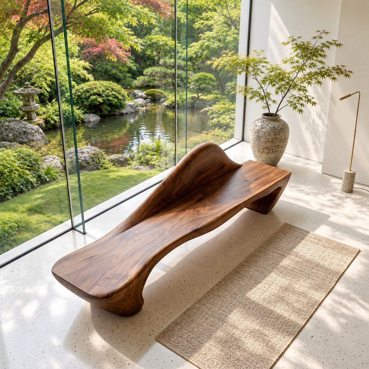 Peaked Back Carved Bench, Contemporary Solid Wood Entryway Bench with Raised Sculpted Backrest