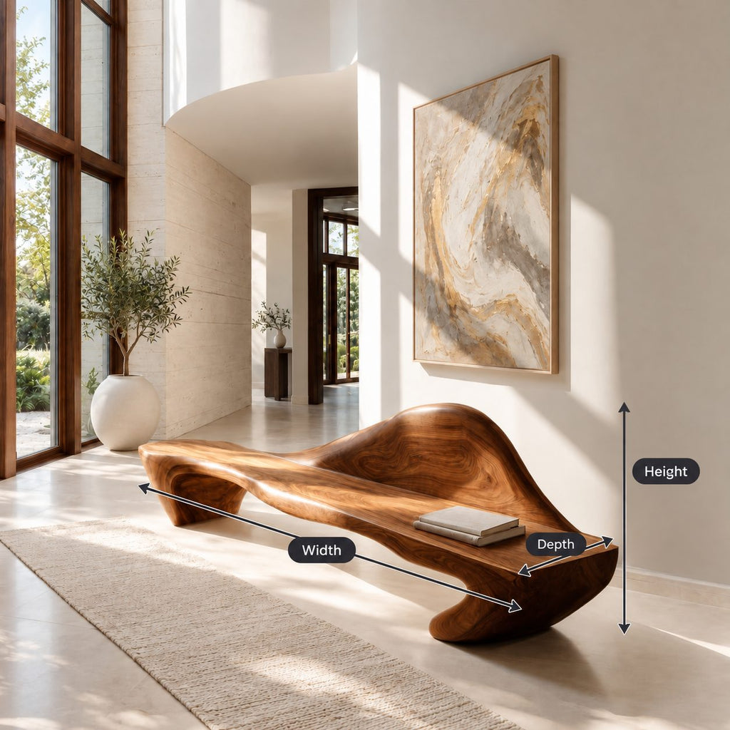 Peaked Back Carved Bench, Contemporary Solid Wood Entryway Bench with Raised Sculpted Backrest