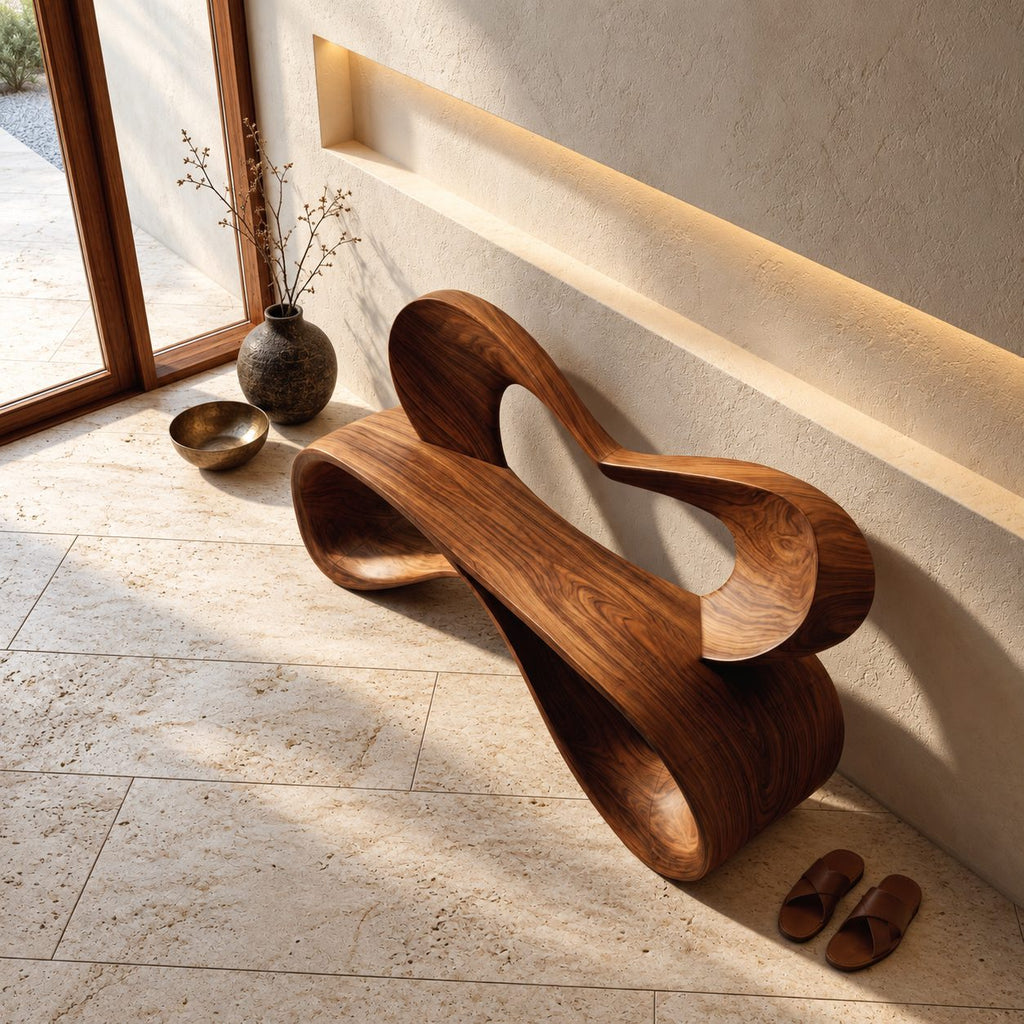 Heart Loop Ribbon Bench, Bent Solid Wood Hallway Bench with Open Heart Shaped Backrest
