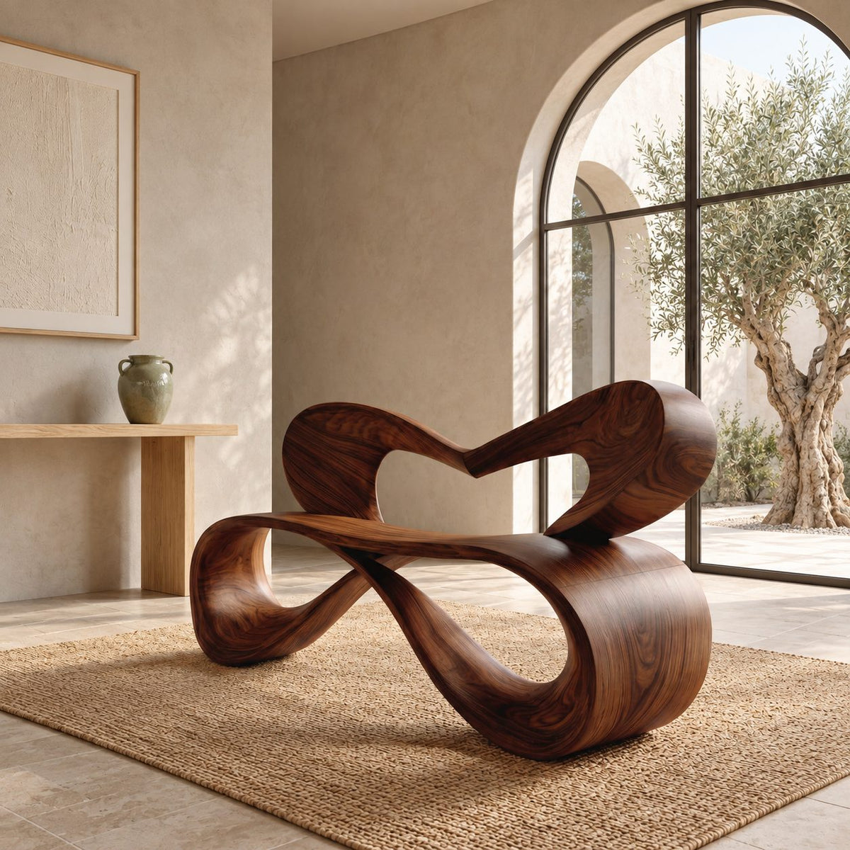 Heart Loop Ribbon Bench, Bent Solid Wood Hallway Bench with Open Heart Shaped Backrest