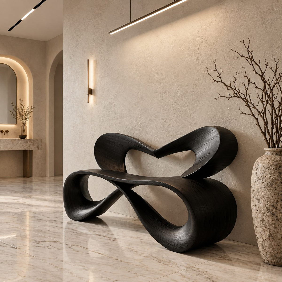 Heart Loop Ribbon Bench, Bent Solid Wood Hallway Bench with Open Heart Shaped Backrest