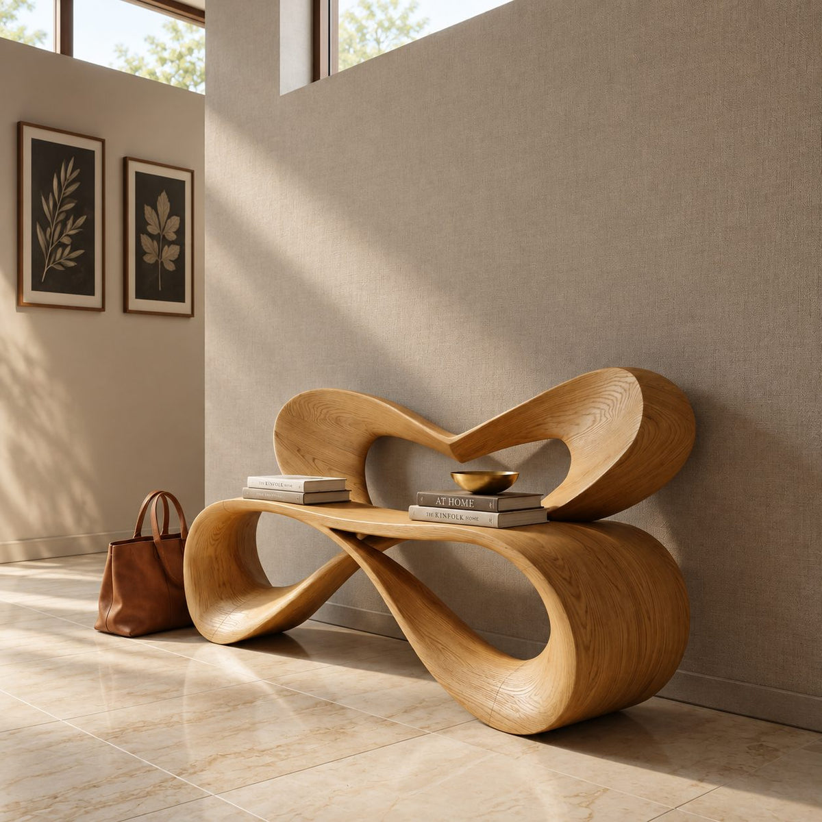 Heart Loop Ribbon Bench, Bent Solid Wood Hallway Bench with Open Heart Shaped Backrest