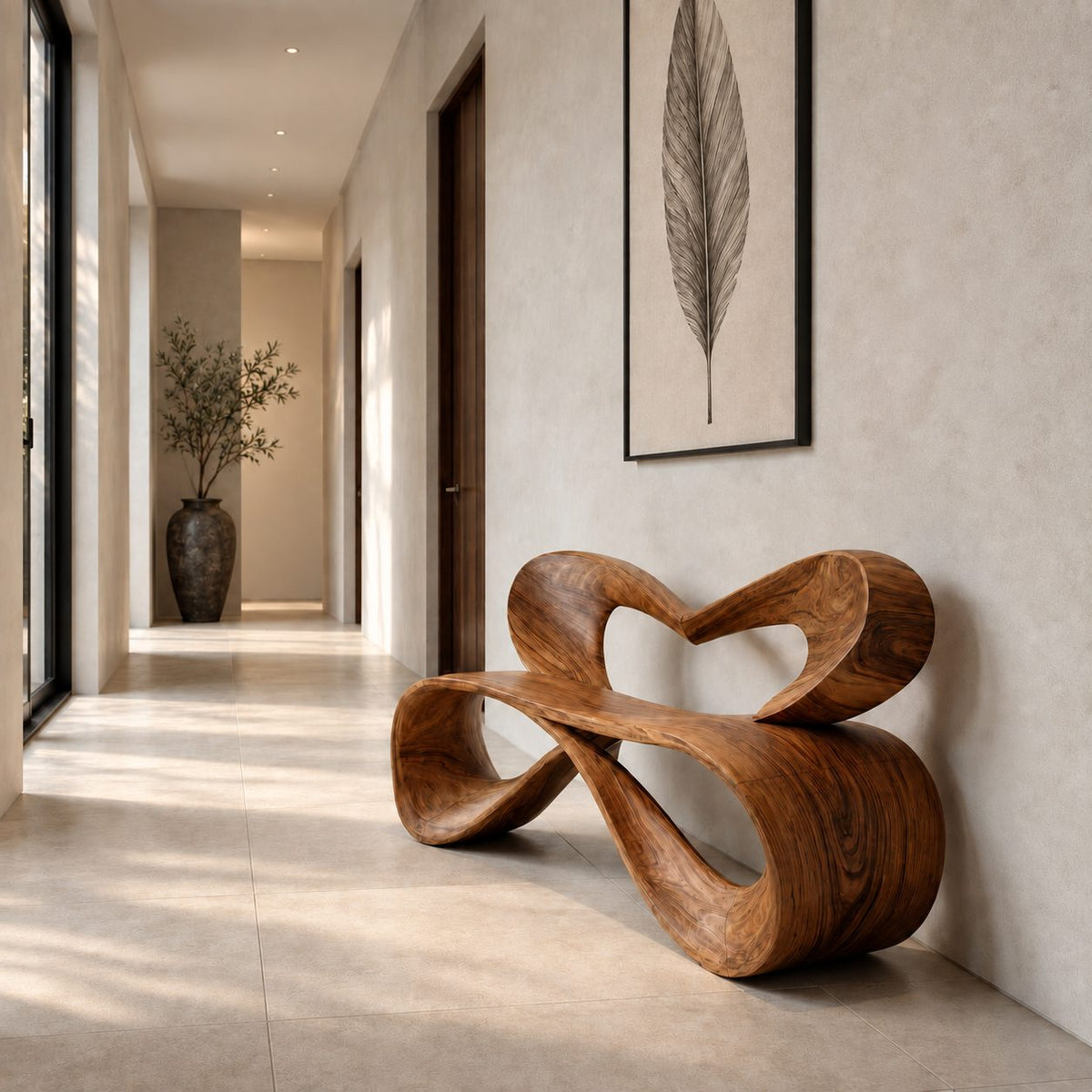 Heart Loop Ribbon Bench, Bent Solid Wood Hallway Bench with Open Heart Shaped Backrest