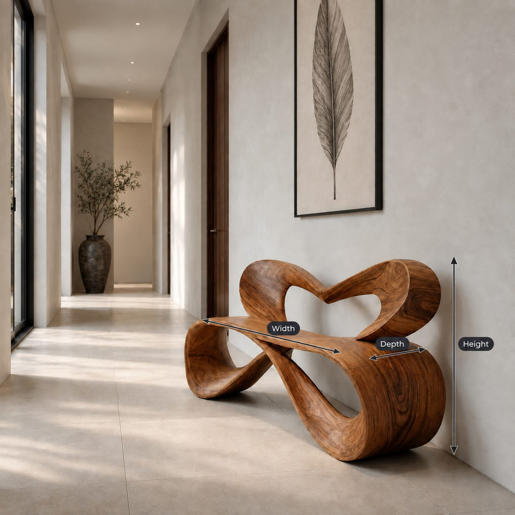 Heart Loop Ribbon Bench, Bent Solid Wood Hallway Bench with Open Heart Shaped Backrest