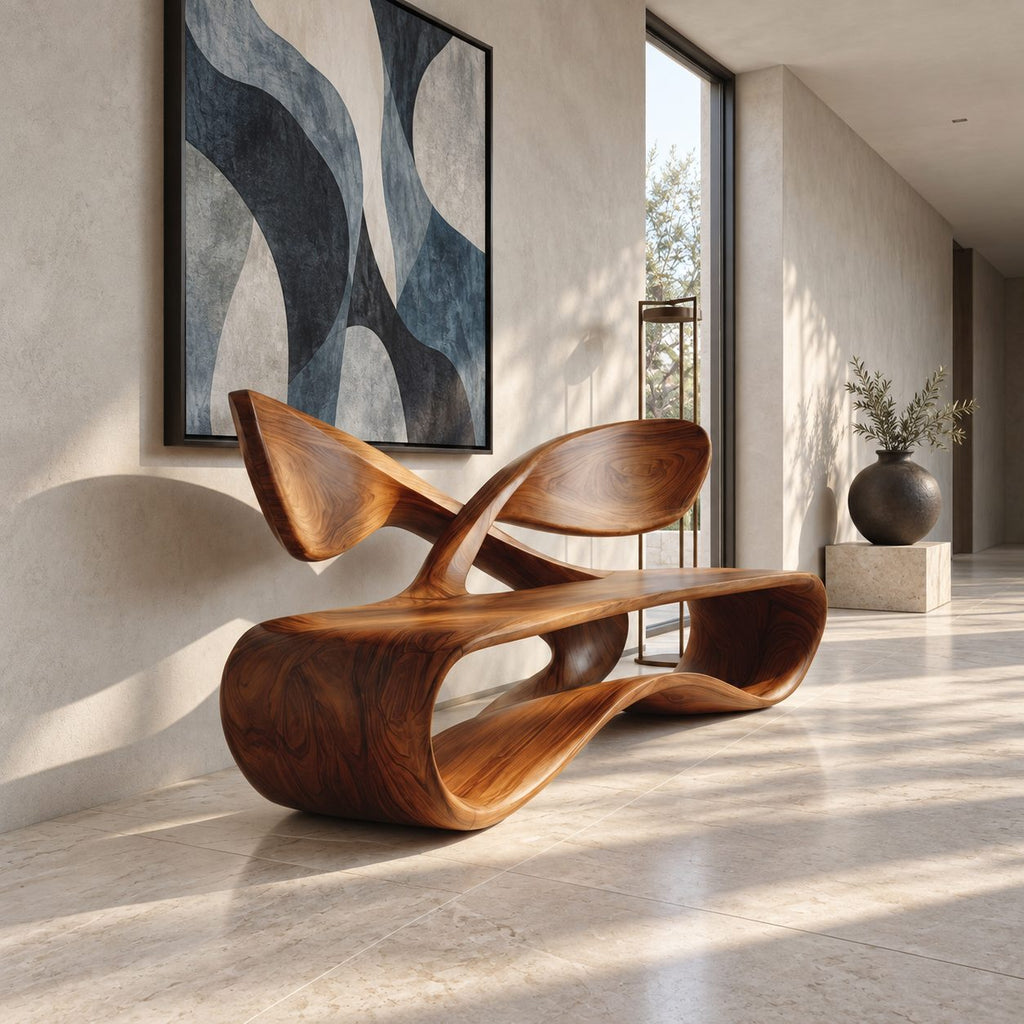 Crossed Wing Backrest Bench, Curved Solid Wood Living Room Bench with Open Loop Ribbon Base