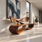 Crossed Wing Backrest Bench, Curved Solid Wood Living Room Bench with Open Loop Ribbon Base