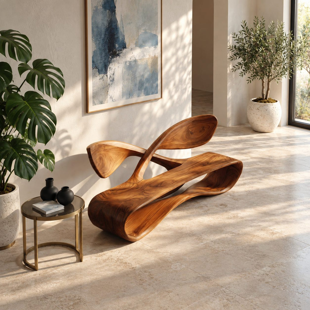 Crossed Wing Backrest Bench, Curved Solid Wood Living Room Bench with Open Loop Ribbon Base