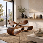 Crossed Wing Backrest Bench, Curved Solid Wood Living Room Bench with Open Loop Ribbon Base