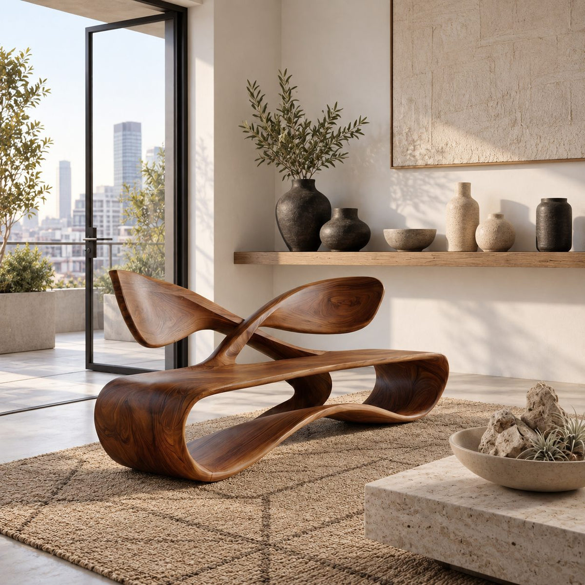 Crossed Wing Backrest Bench, Curved Solid Wood Living Room Bench with Open Loop Ribbon Base