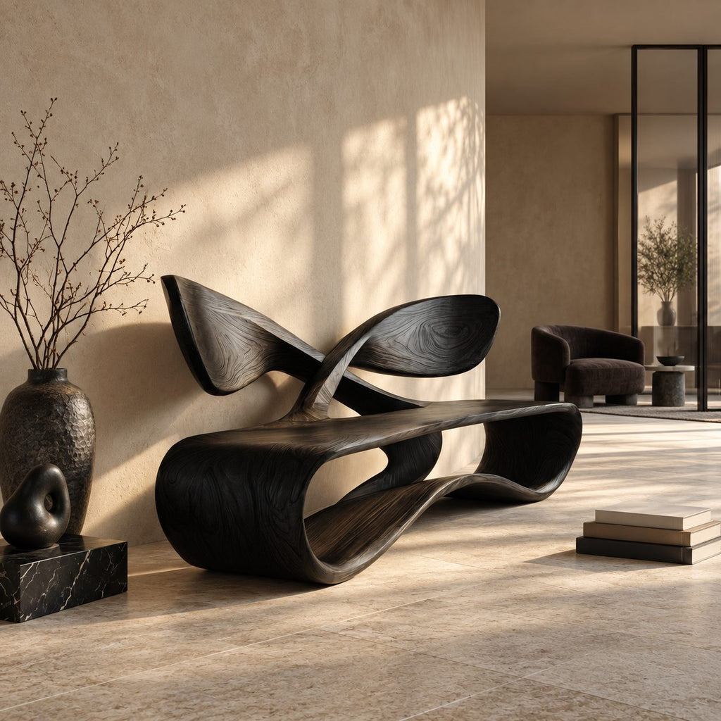 Crossed Wing Backrest Bench, Curved Solid Wood Living Room Bench with Open Loop Ribbon Base