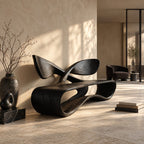 Crossed Wing Backrest Bench, Curved Solid Wood Living Room Bench with Open Loop Ribbon Base
