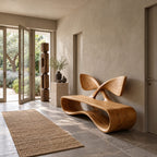 Crossed Wing Backrest Bench, Curved Solid Wood Living Room Bench with Open Loop Ribbon Base
