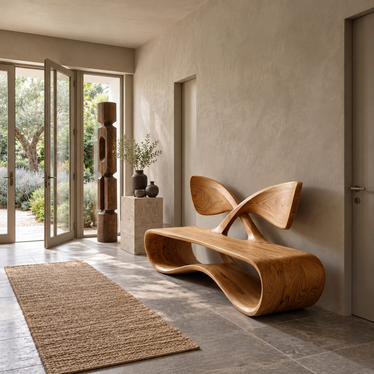 Crossed Wing Backrest Bench, Curved Solid Wood Living Room Bench with Open Loop Ribbon Base