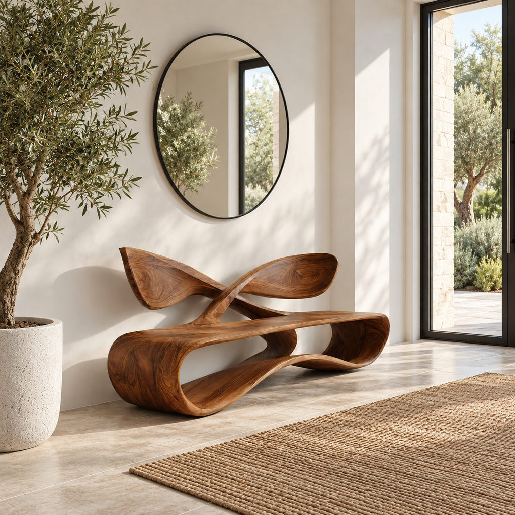 Crossed Wing Backrest Bench, Curved Solid Wood Living Room Bench with Open Loop Ribbon Base