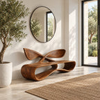 Crossed Wing Backrest Bench, Curved Solid Wood Living Room Bench with Open Loop Ribbon Base