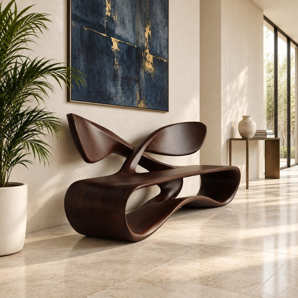 Crossed Wing Backrest Bench, Curved Solid Wood Living Room Bench with Open Loop Ribbon Base