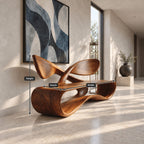 Crossed Wing Backrest Bench, Curved Solid Wood Living Room Bench with Open Loop Ribbon Base