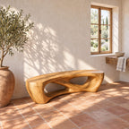 Pebble Arch Base Bench, Mid Century Solid Wood Accent Bench with Hollow Carved Base for Bathroom