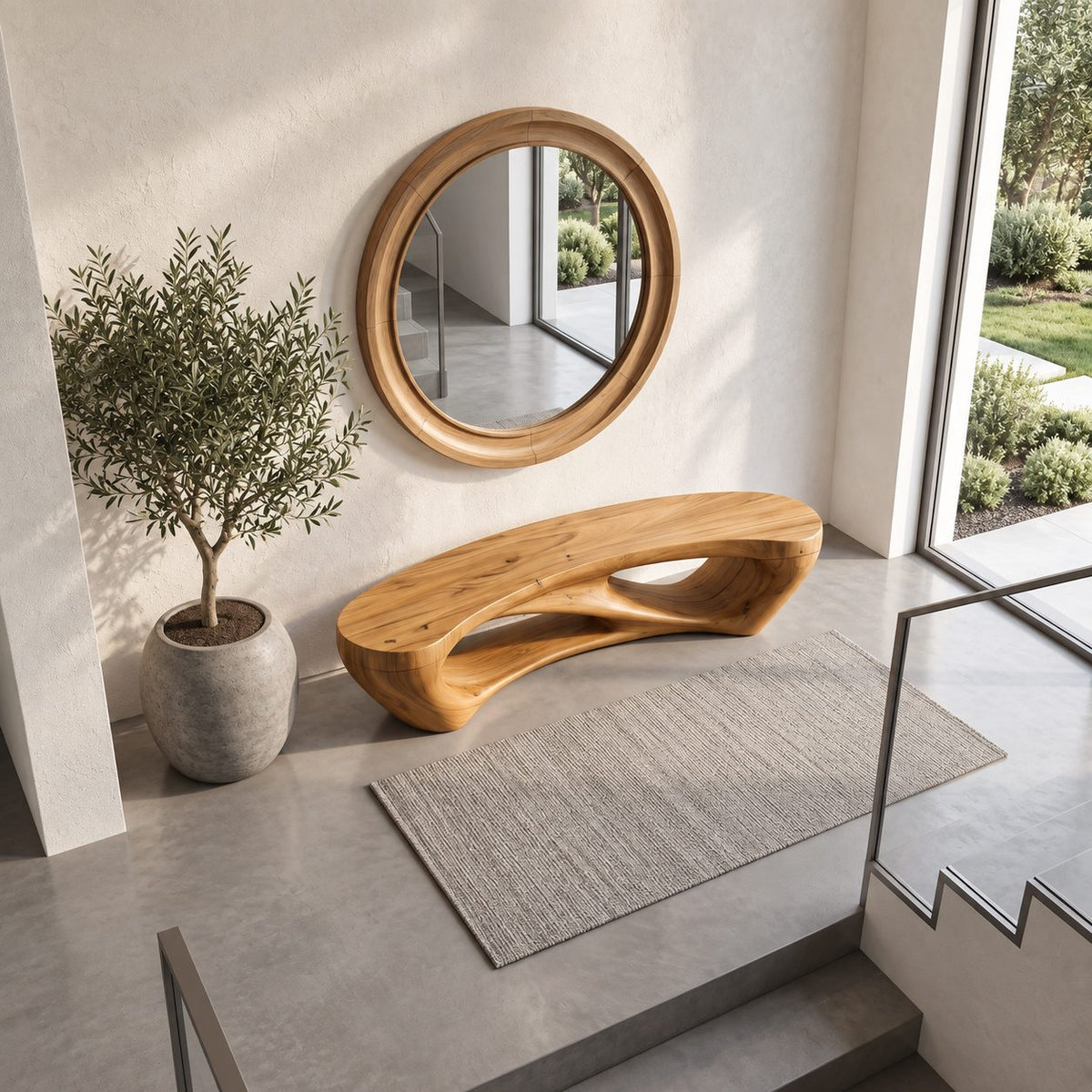 Pebble Arch Base Bench, Mid Century Solid Wood Accent Bench with Hollow Carved Base for Bathroom