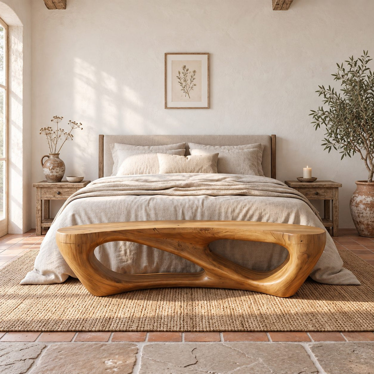 Pebble Arch Base Bench, Mid Century Solid Wood Accent Bench with Hollow Carved Base for Bathroom