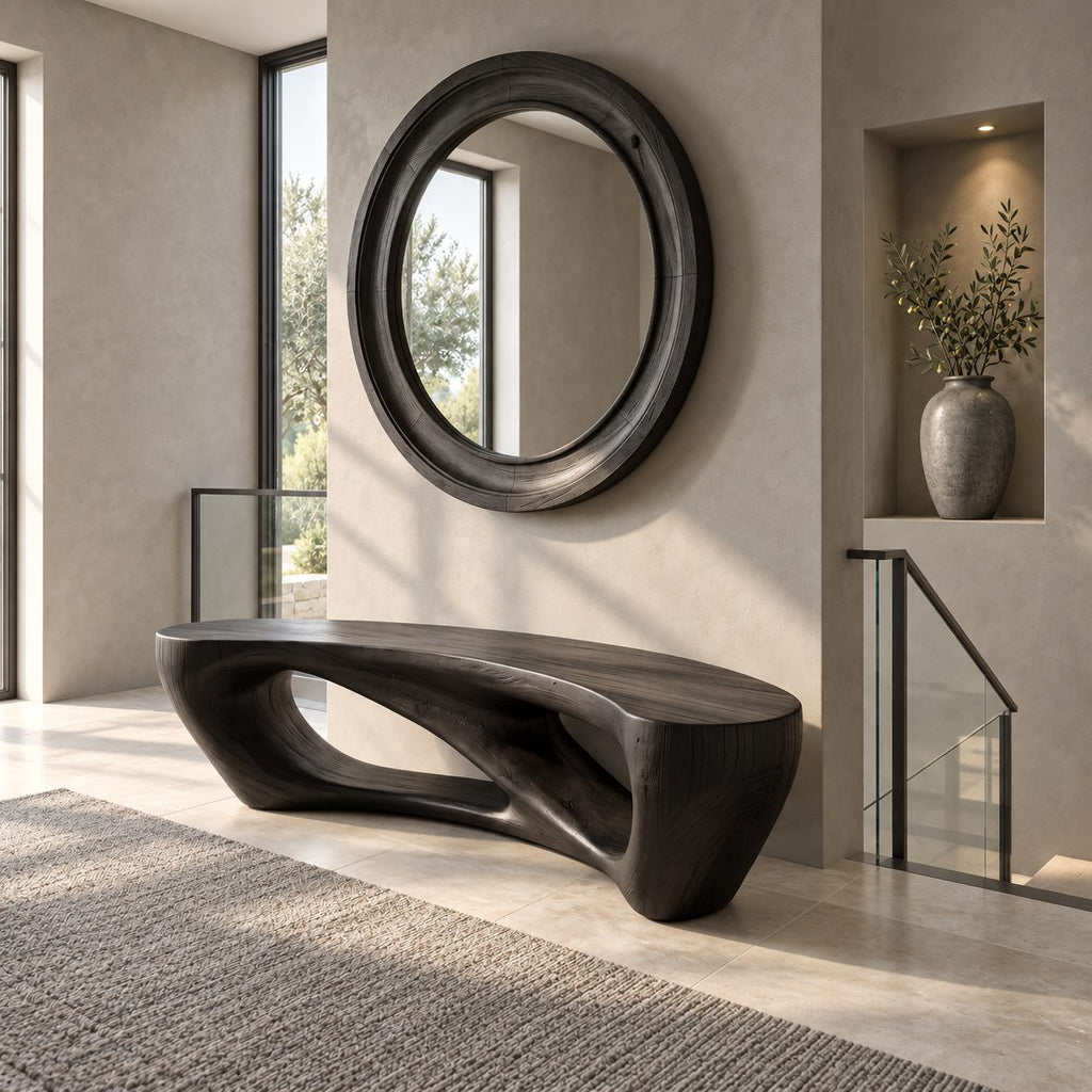 Pebble Arch Base Bench, Mid Century Solid Wood Accent Bench with Hollow Carved Base for Bathroom