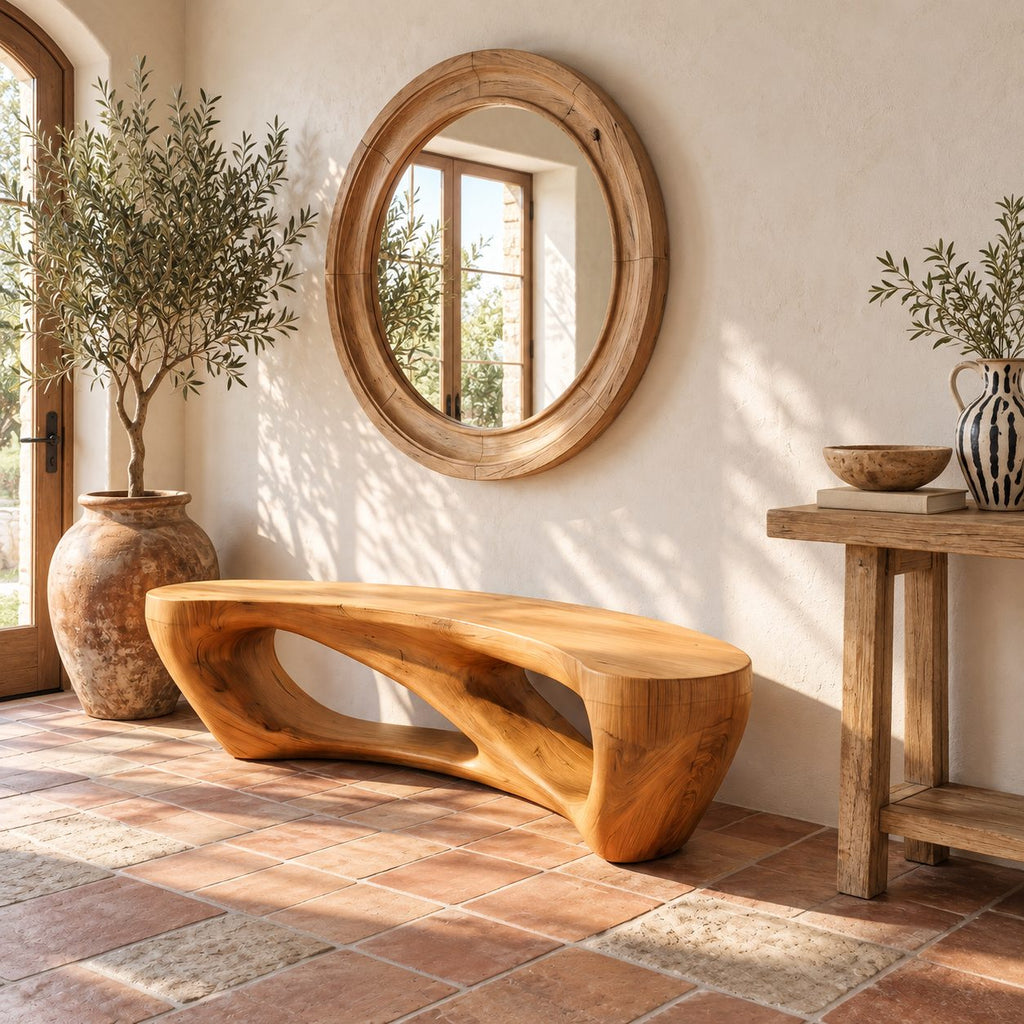 Pebble Arch Base Bench, Mid Century Solid Wood Accent Bench with Hollow Carved Base for Bathroom