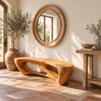 Pebble Arch Base Bench, Mid Century Solid Wood Accent Bench with Hollow Carved Base for Bathroom