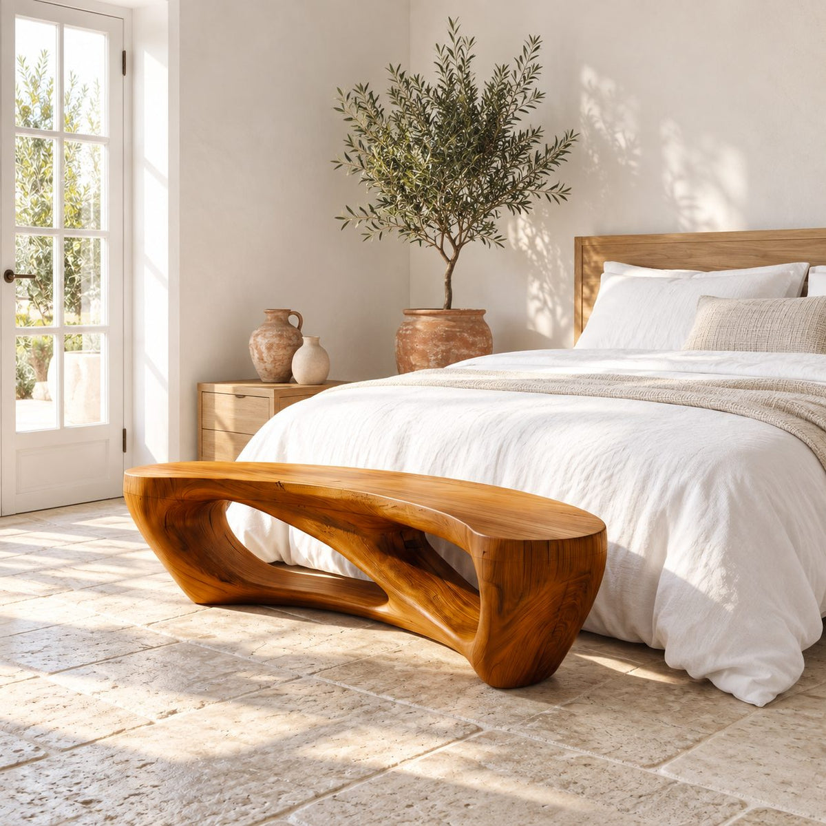 Pebble Arch Base Bench, Mid Century Solid Wood Accent Bench with Hollow Carved Base for Bathroom