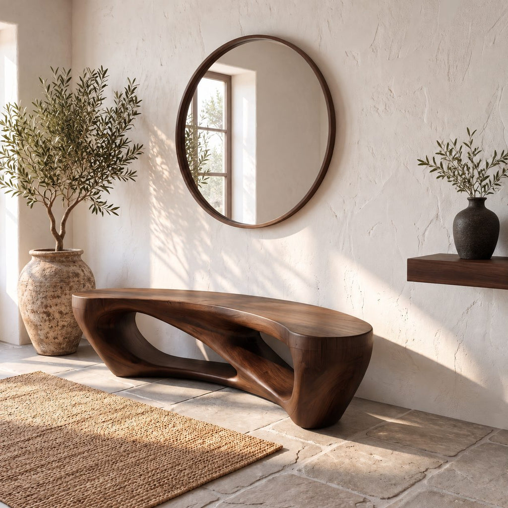 Pebble Arch Base Bench, Mid Century Solid Wood Accent Bench with Hollow Carved Base for Bathroom
