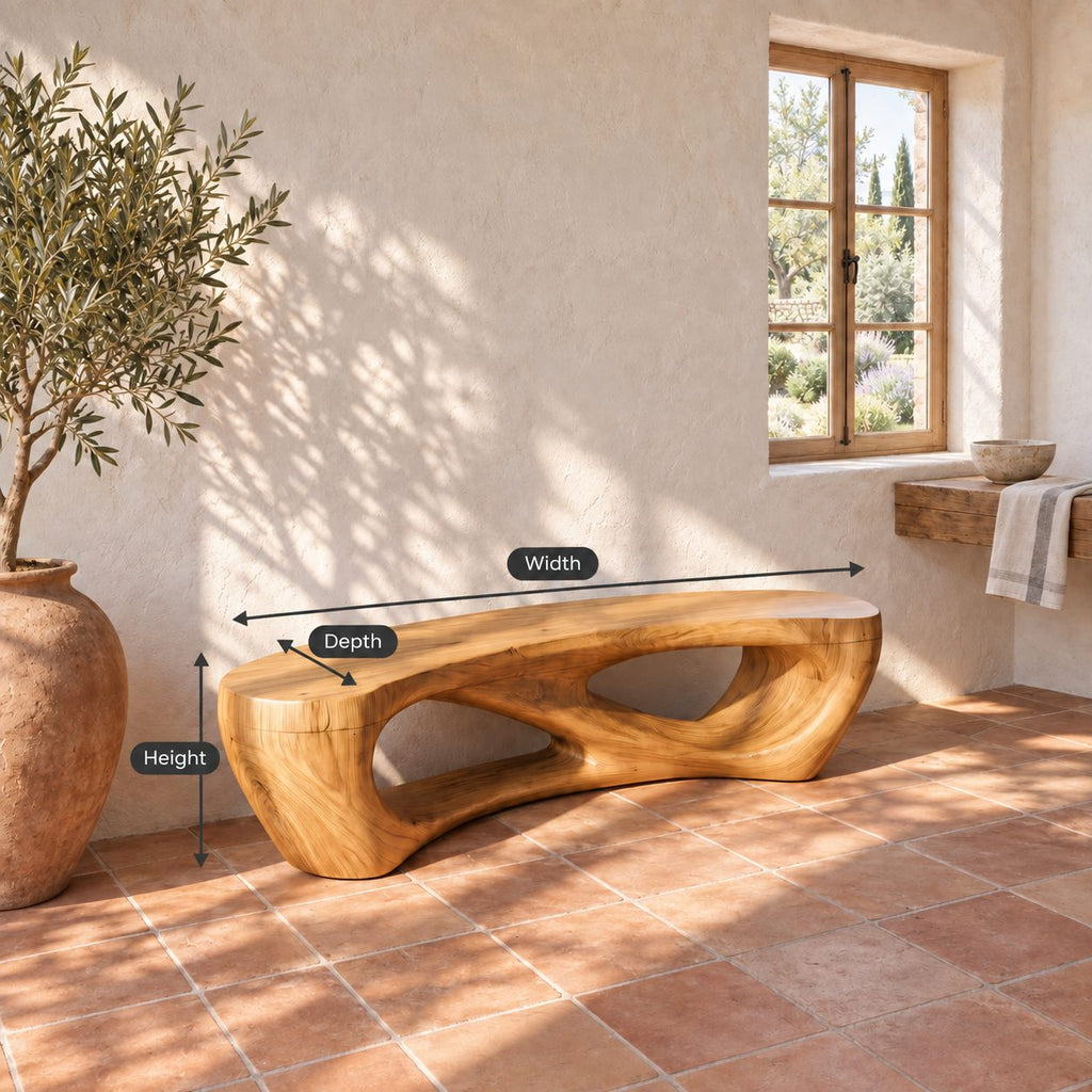 Pebble Arch Base Bench, Mid Century Solid Wood Accent Bench with Hollow Carved Base for Bathroom
