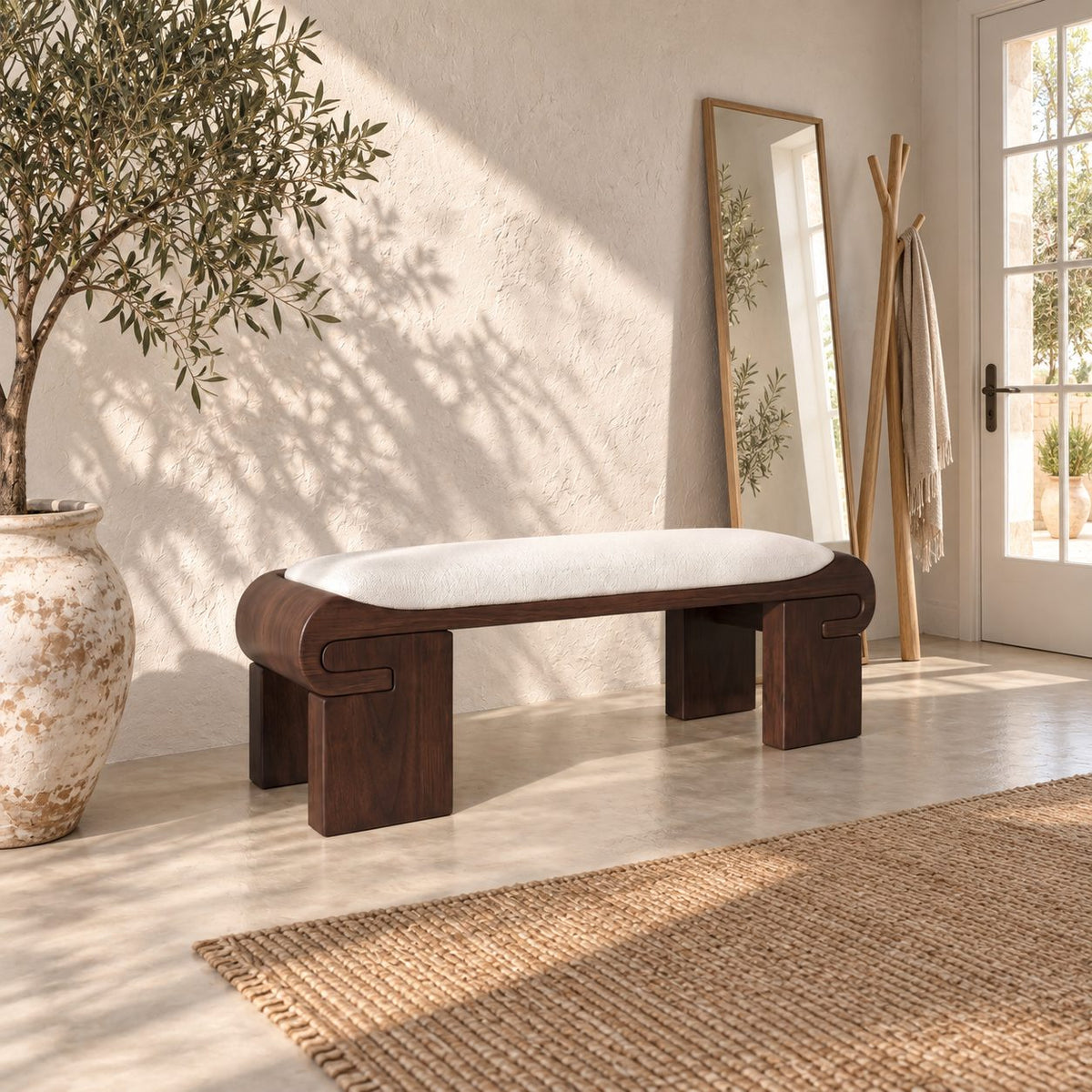 Scroll End Block Leg Bench, Modern Low Profile Solid Wood Bench for Dressing Room and Bedroom