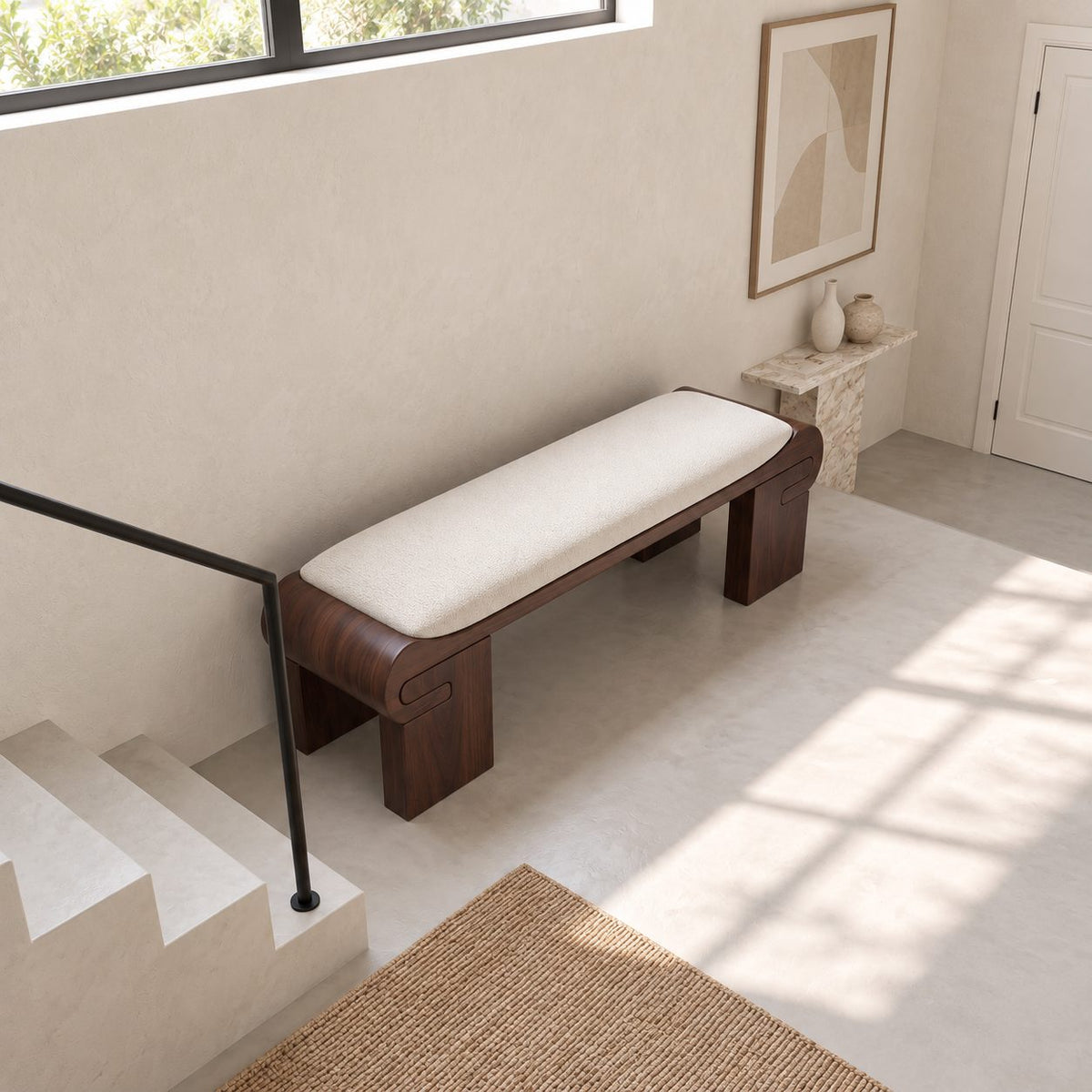 Scroll End Block Leg Bench, Modern Low Profile Solid Wood Bench for Dressing Room and Bedroom