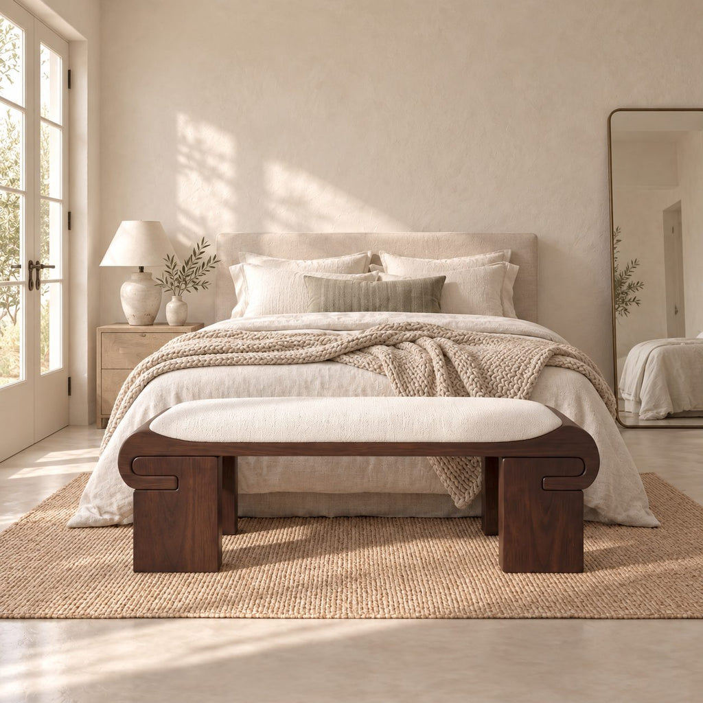 Scroll End Block Leg Bench, Modern Low Profile Solid Wood Bench for Dressing Room and Bedroom